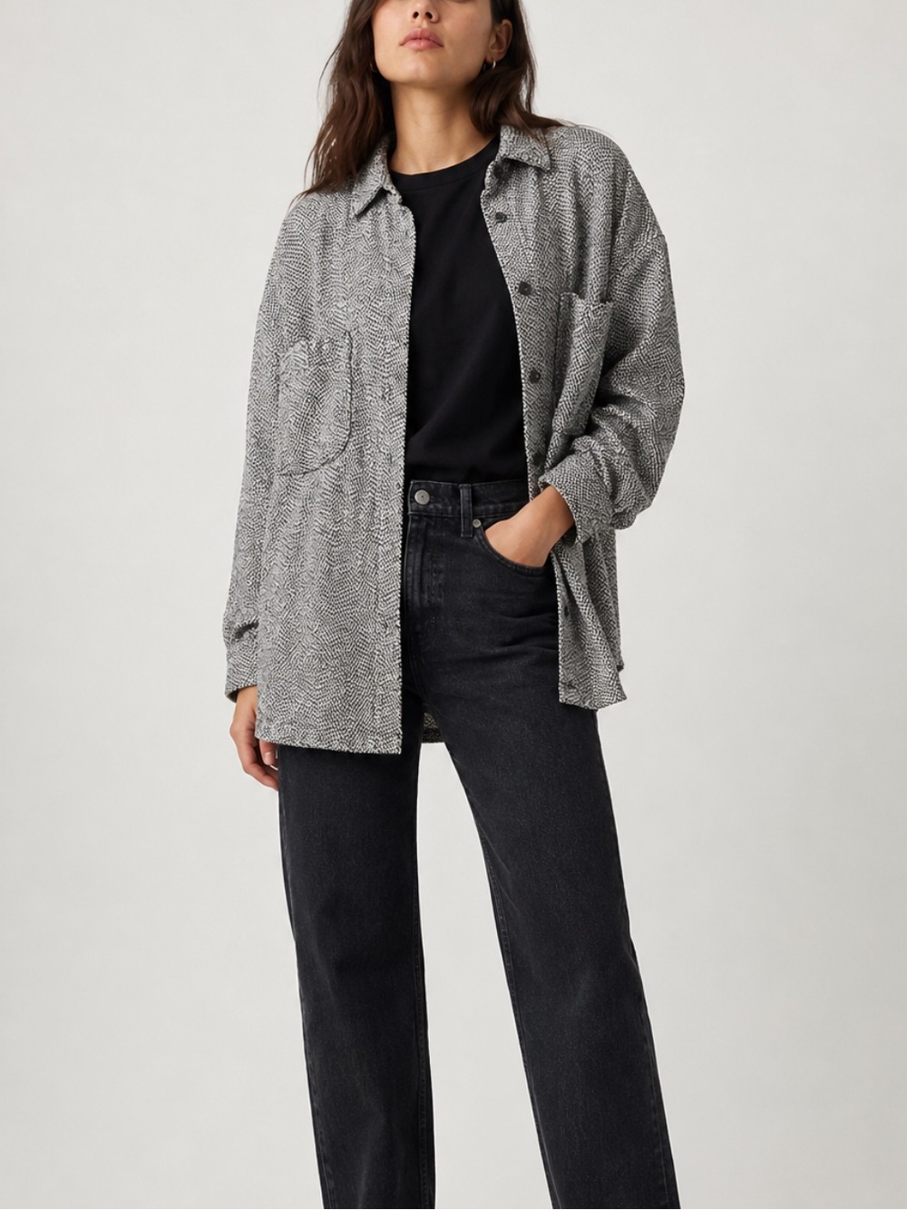 Athleta Braiden Textured Shirt Jacket 2X Black White Oversized Shacket Pockets